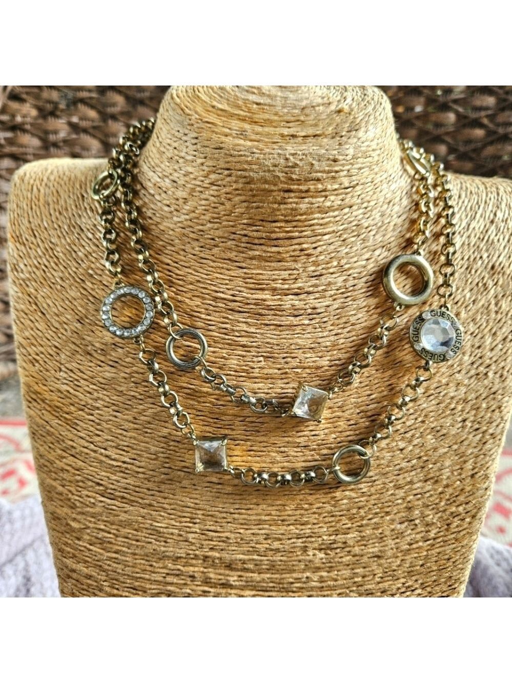 Guess Gold-tone Chain Necklace, Interspersed Shapes with Black Enamel Logo